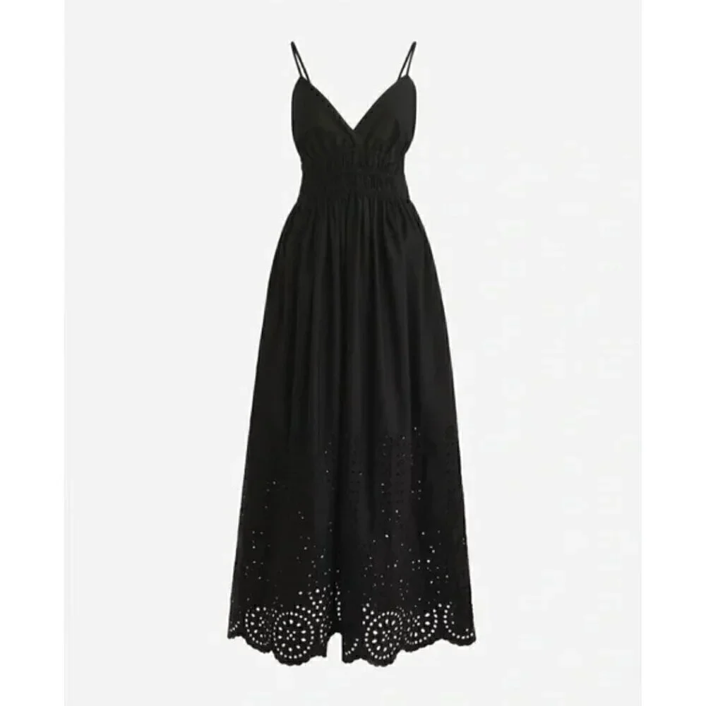 New J. Crew Size 2 V-neck smocked-waist dress in cotton poplin Black *Stain*